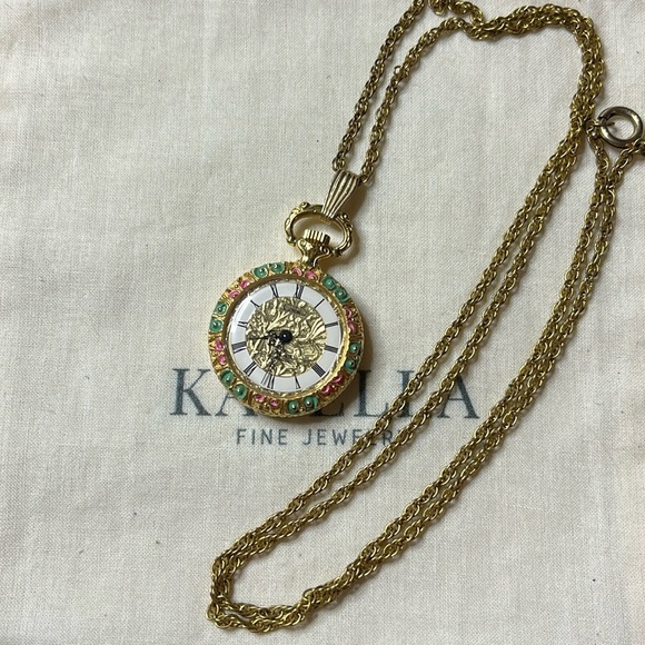 Vintage Enameled Pendant Watch- Colibri 17 Jewel Incabloc - With 26” Chain - Picture 4 of 6